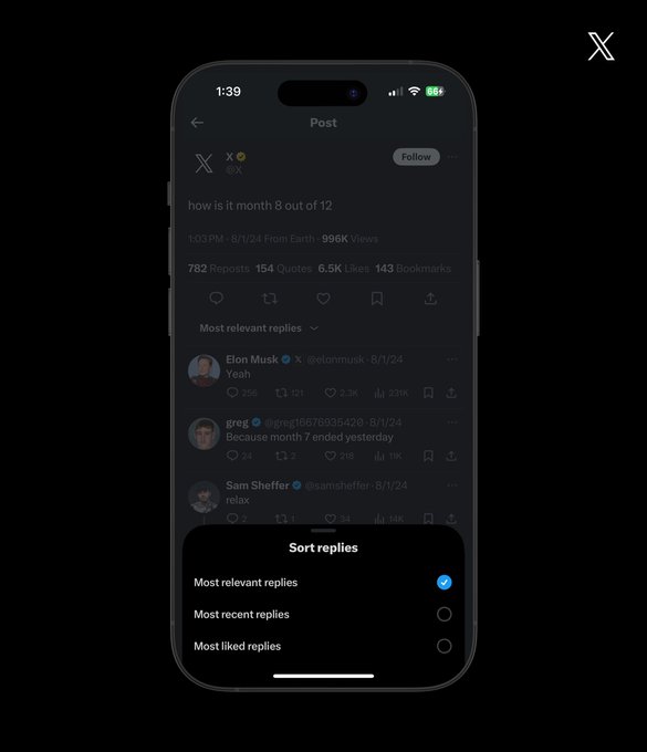 screenshot of X app with options to sort replies to a post by most relevant, most recent, and most liked