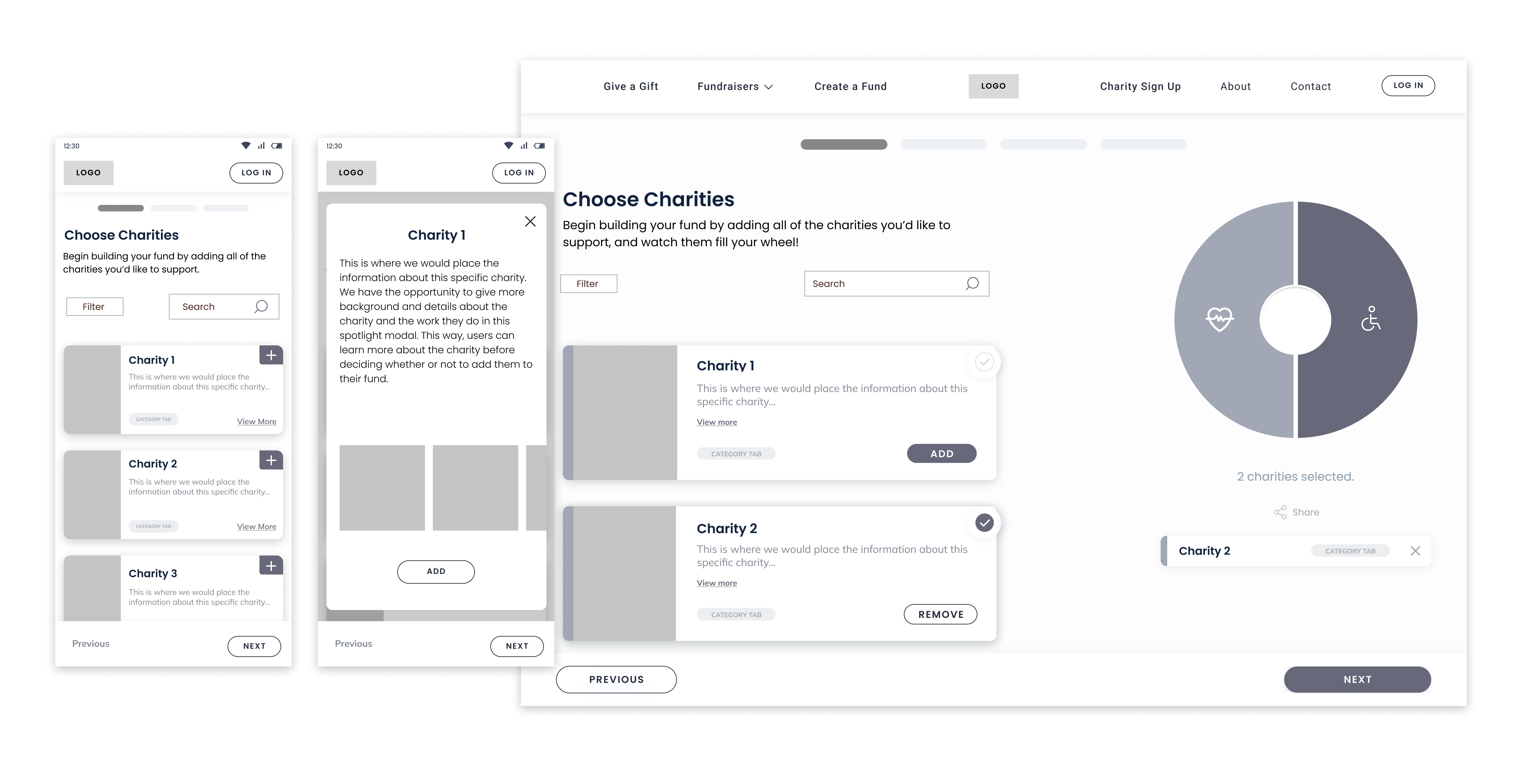 MyTzedakah — mobile and desktop wireframes for the Choose Charities flow