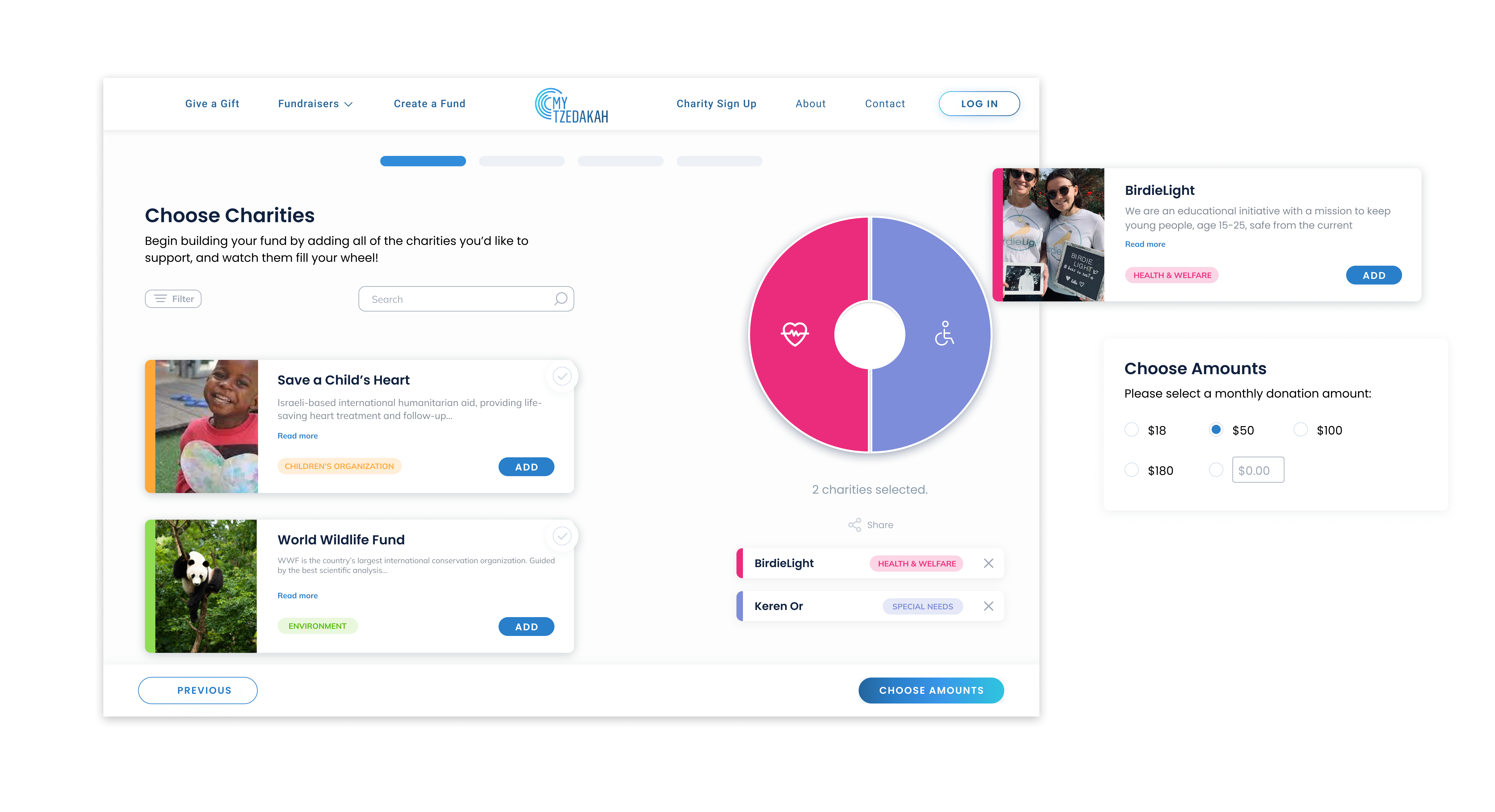 MyTzedakah — charity selection screen
