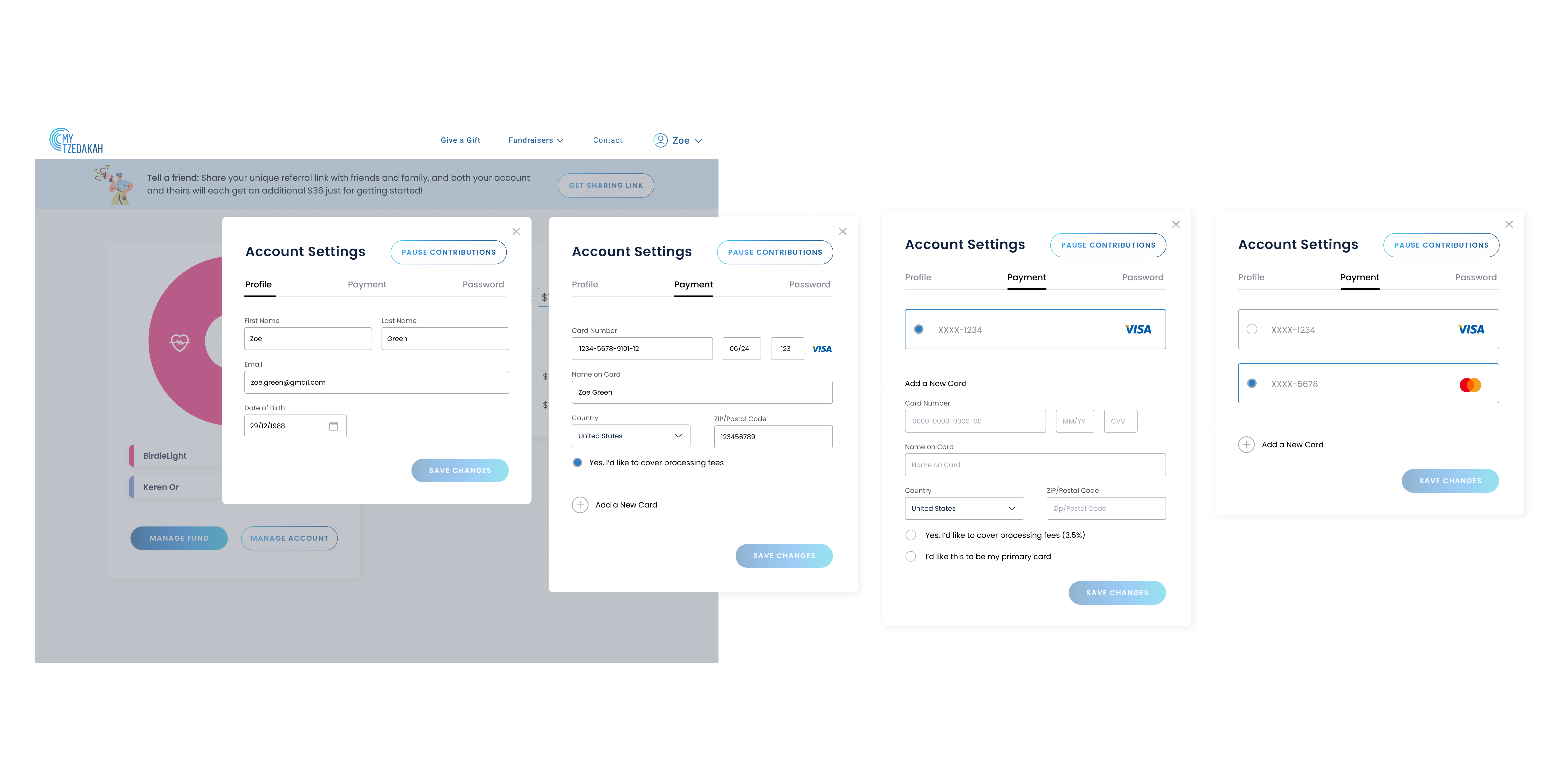 MyTzedakah — account settings, desktop