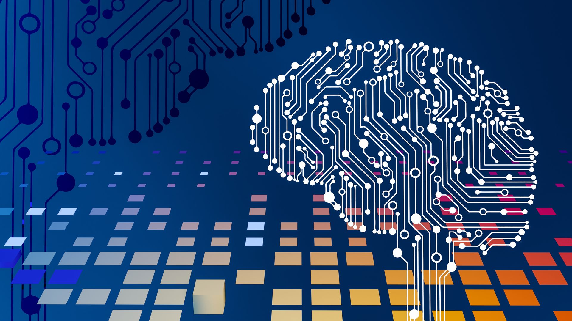 Abstract AI concept with white neural network brain circuit and pixel grid on blue background, representing artificial intelligence and machine learning technology."