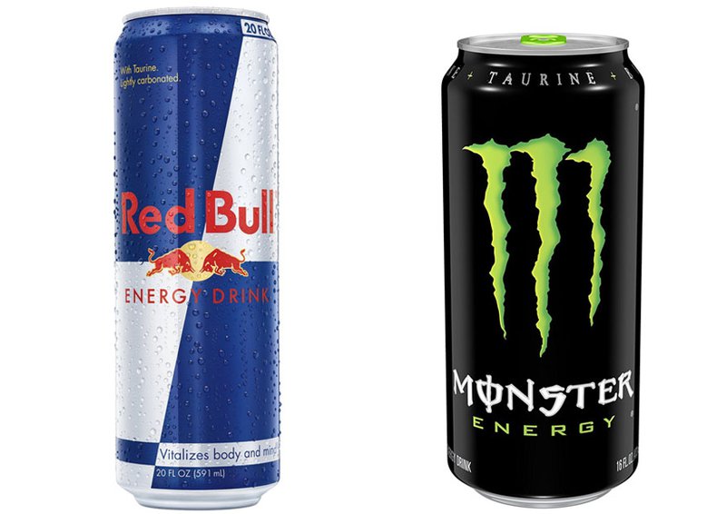 Red Bull can on the left and Monster can on the right