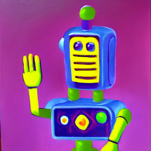 “An oil painting of a friendly robot waving his hands”, created with Stable Diffusion.