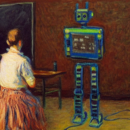 “An oil painting of a robot teacher in class, in the style of Claude Monet”, created with Stable Diffusion.