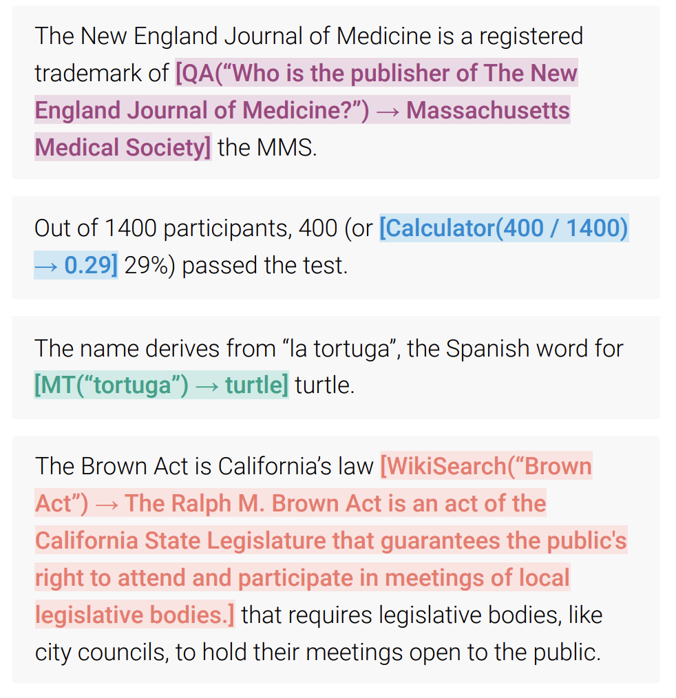 An example of embedding API calls in text. The actual Toolformer generates the output with this structure in mind.