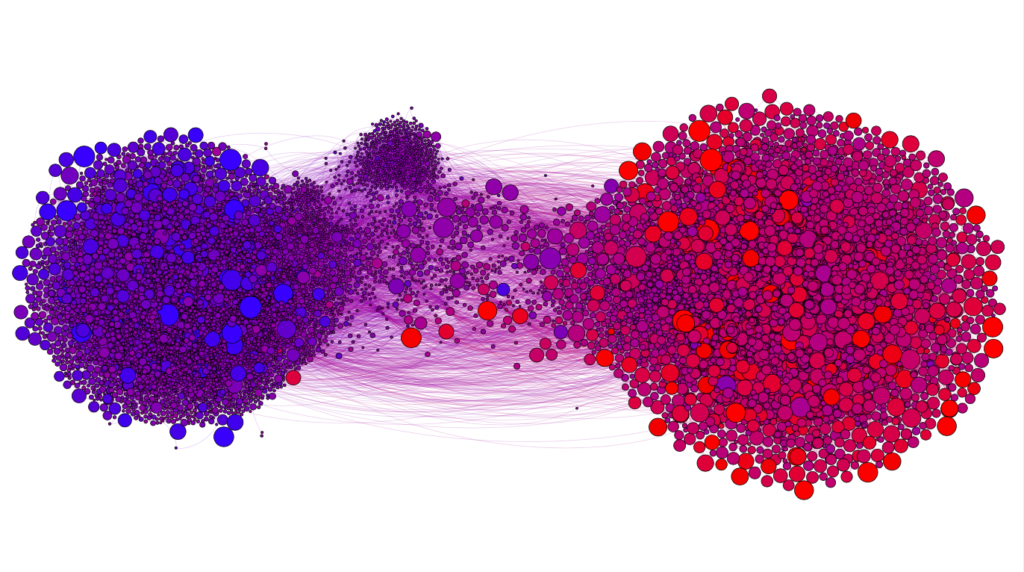 Visualizing the network structure of Twitter followers behavior: the node color indicates the follower’s partisanship while the node size represents the spreading frequency of misinformation, i.e., sharings from low-quality sources (source)