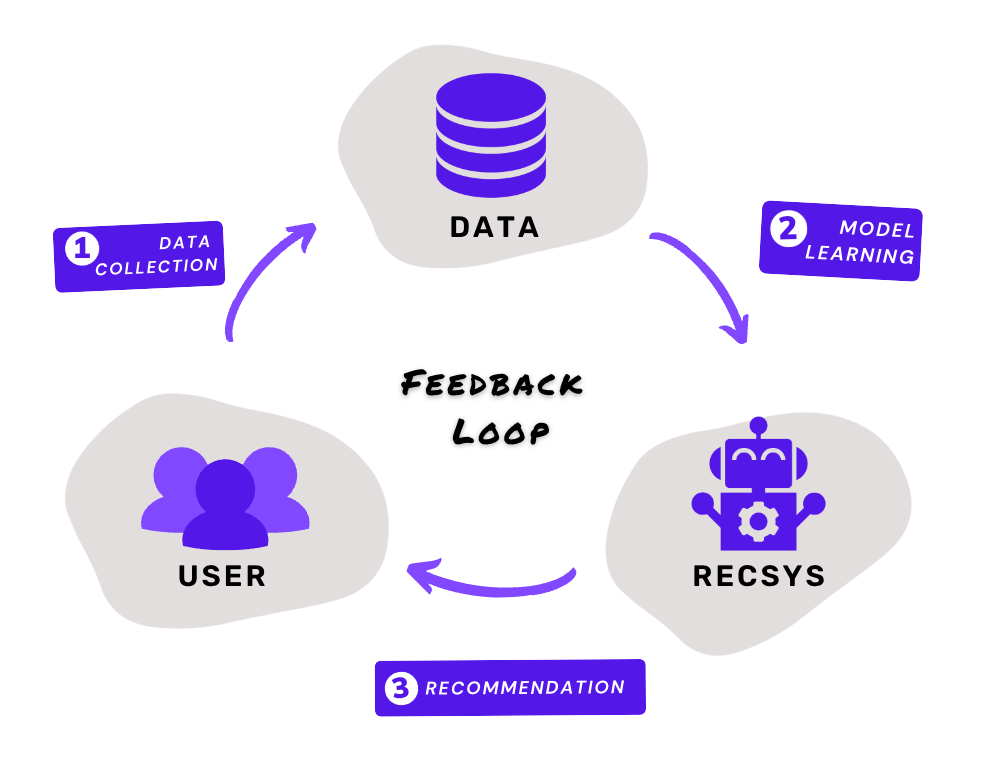 The feedback loop of recommendations, where different biases occur in three stages, i.e., the “data collection” stage, the “model learning” stage, and the actual “recommendation” stage.