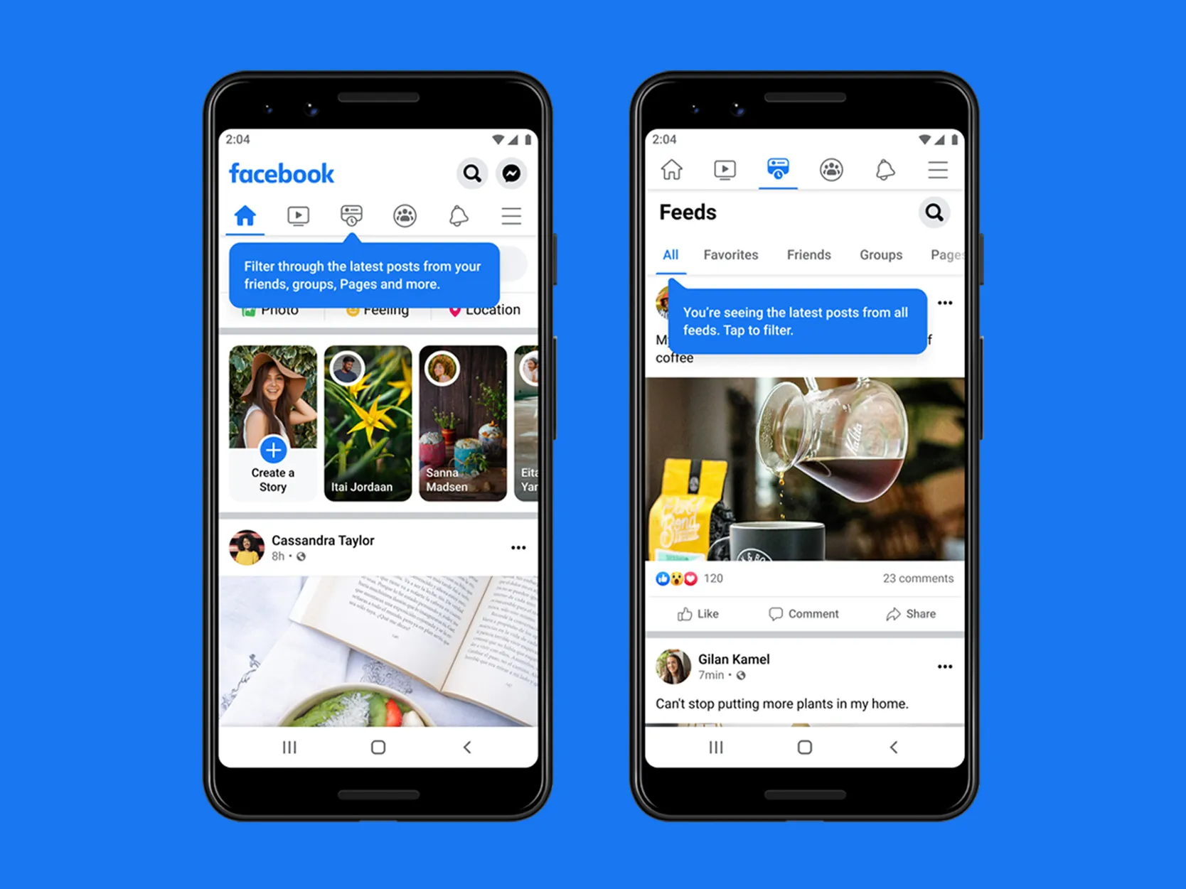 The Facebook interface displays multiple posts and UI elements on a single page
