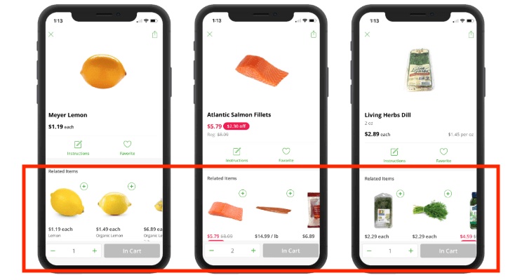 Similar items shown for each product within a food delivery marketplace (source)