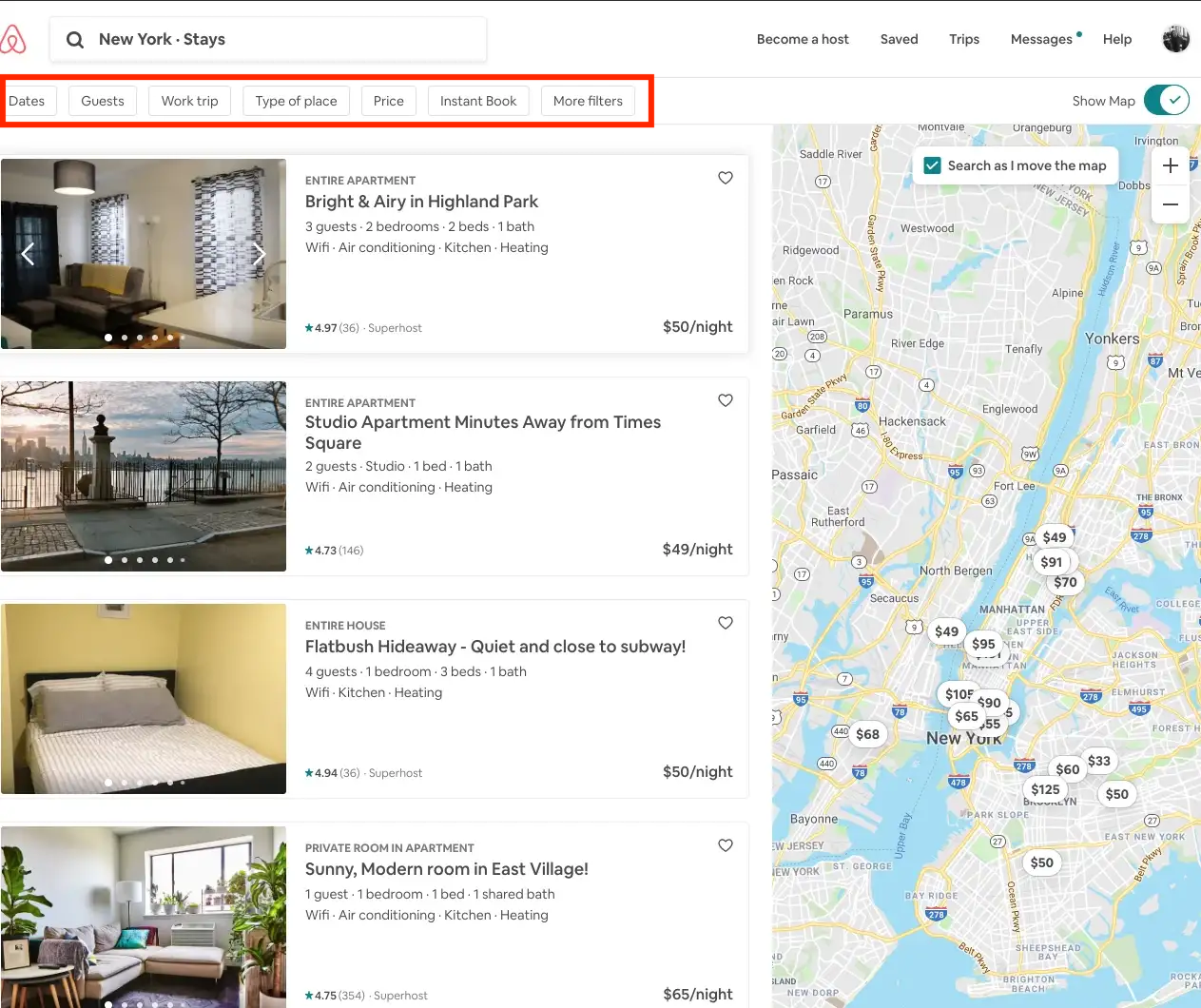 AirBnB discovery page showing explicit metadata filters that a user may want to configure (source)